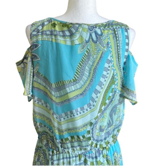 Chicos Maxi Dress Sienna Aqua Green Paisley Cold Shoulder Short Sleeve Medium - Picture 6 of 12